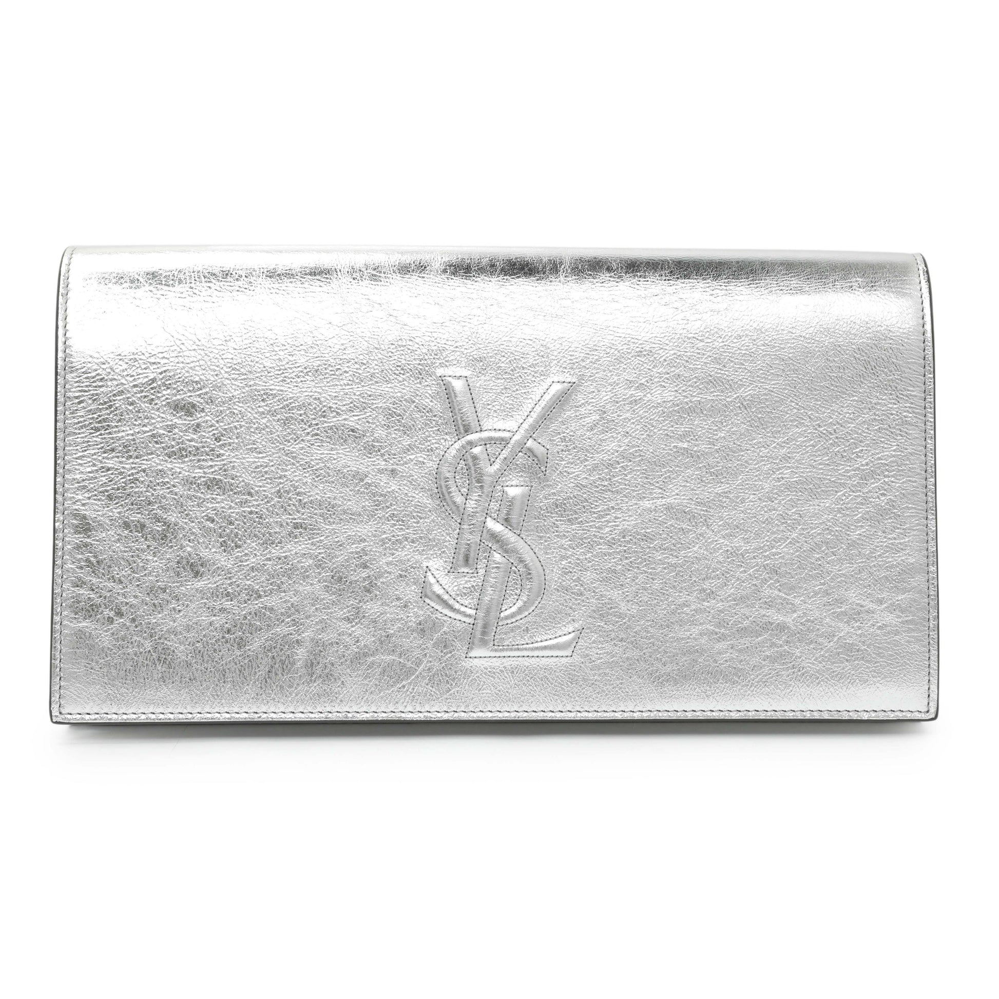 Exclusive Saint Laurent Metallic Silver Belle De Jour Large Clutch — Front View