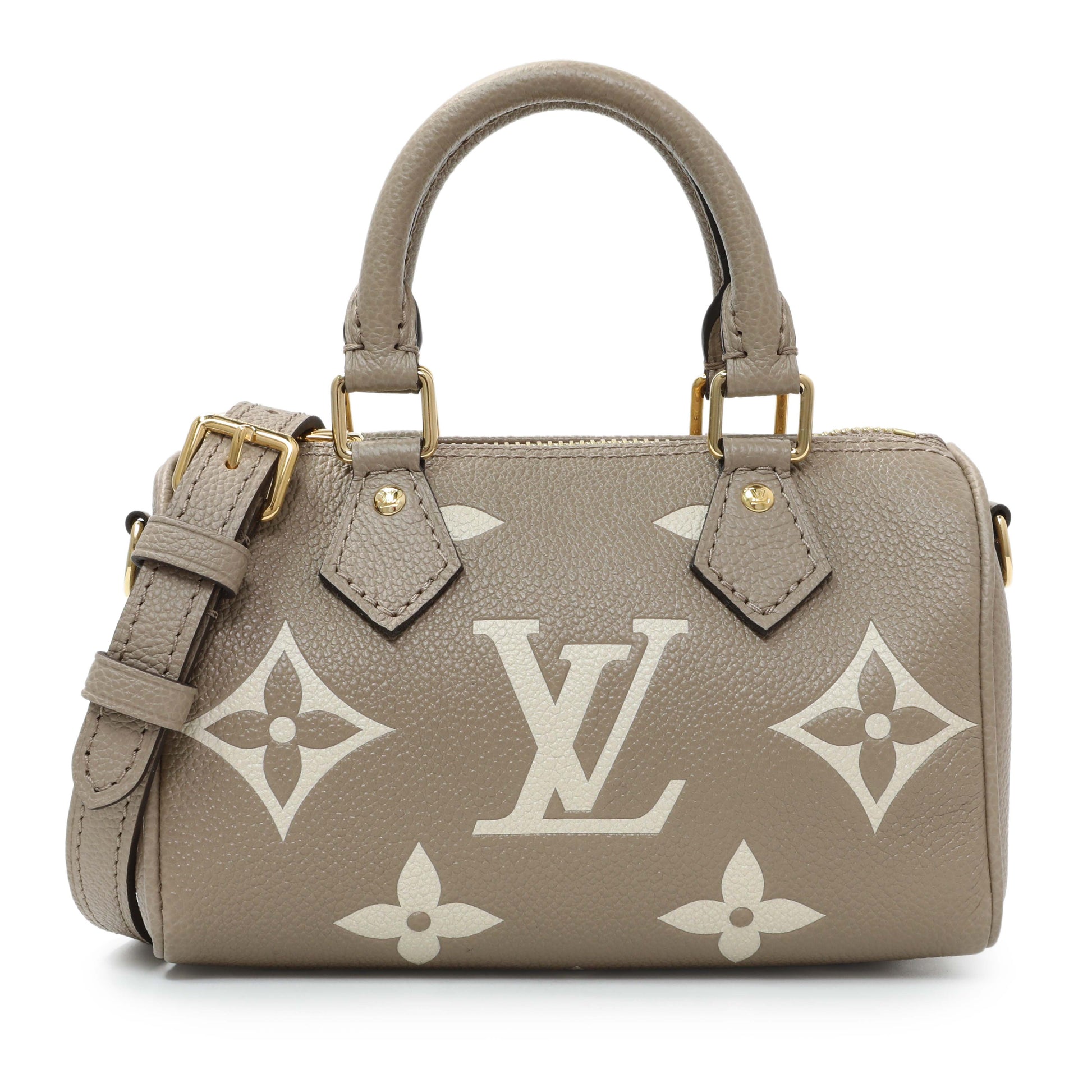 Exclusive Louis Vuitton Tourterelle Grey/Cream Empreinte Giant Monogram Nano Speedy — Front View
