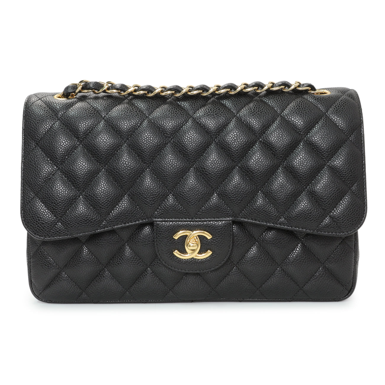 Exclusive Chanel Black Quilted Caviar Jumbo Double Flap — Front View