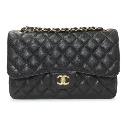 Exclusive Chanel Black Quilted Caviar Jumbo Double Flap — Front View