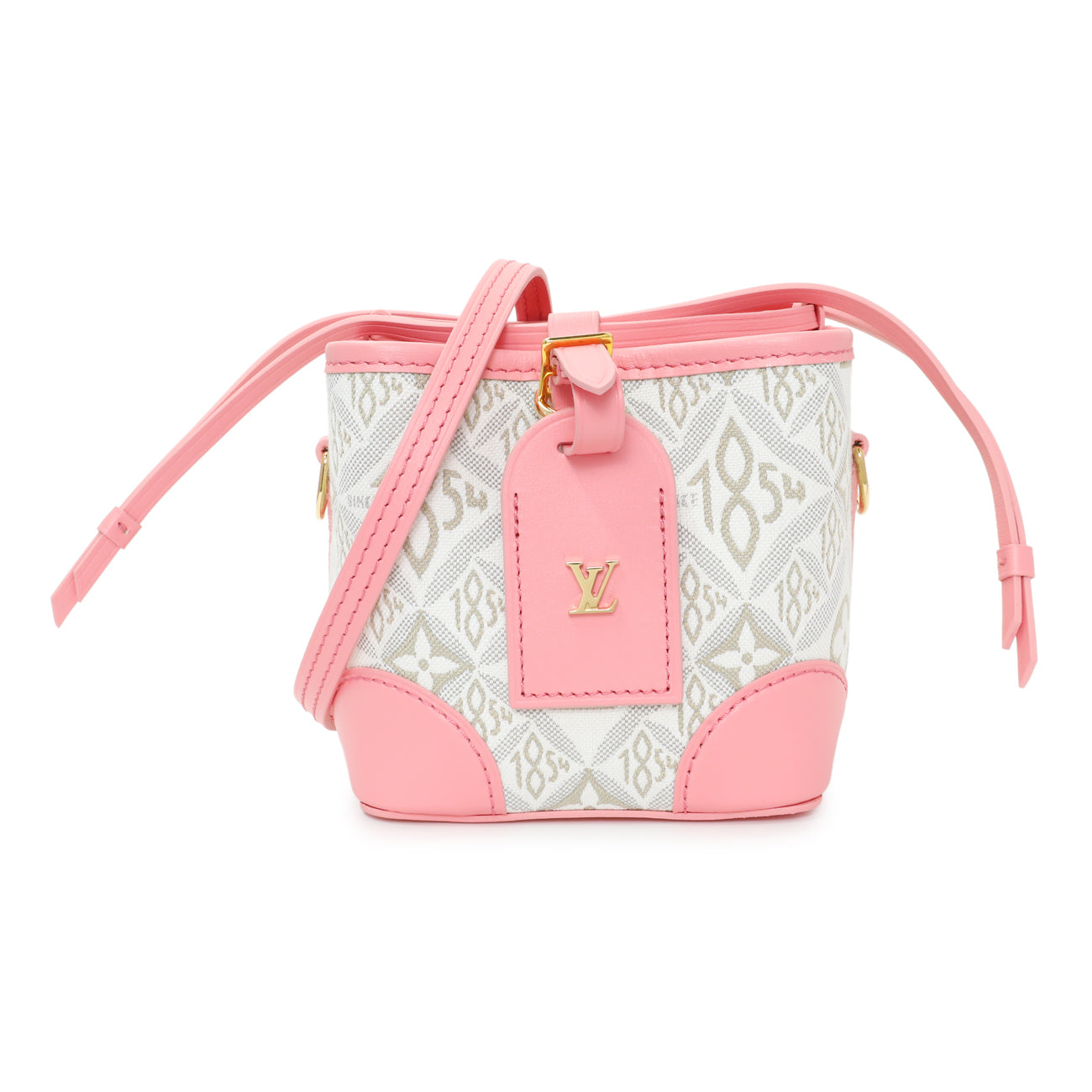Exclusive Louis Vuitton Ecru Beige Pink Jacquard Since 1854 Noe Purse — Front View