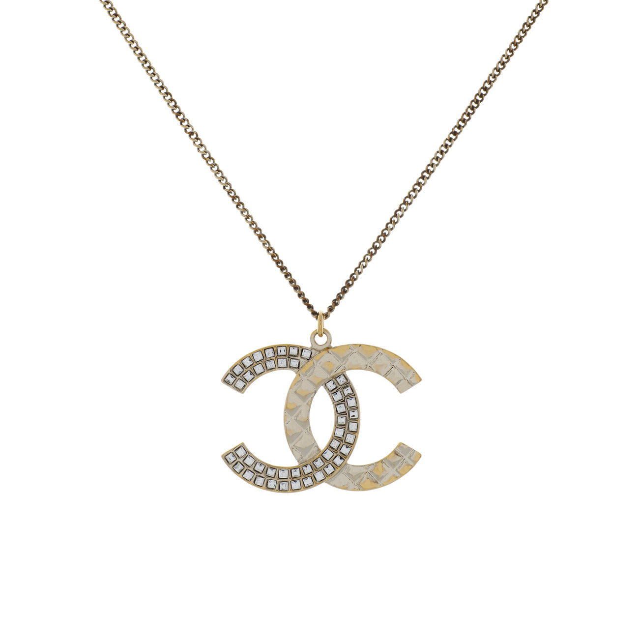 Exclusive Chanel Gold Silver Aged Hardware Crystal CC Pendant Necklace — Front View
