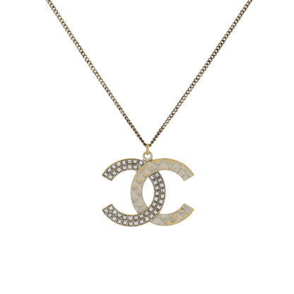 Exclusive Chanel Gold Silver Aged Hardware Crystal CC Pendant Necklace — Front View