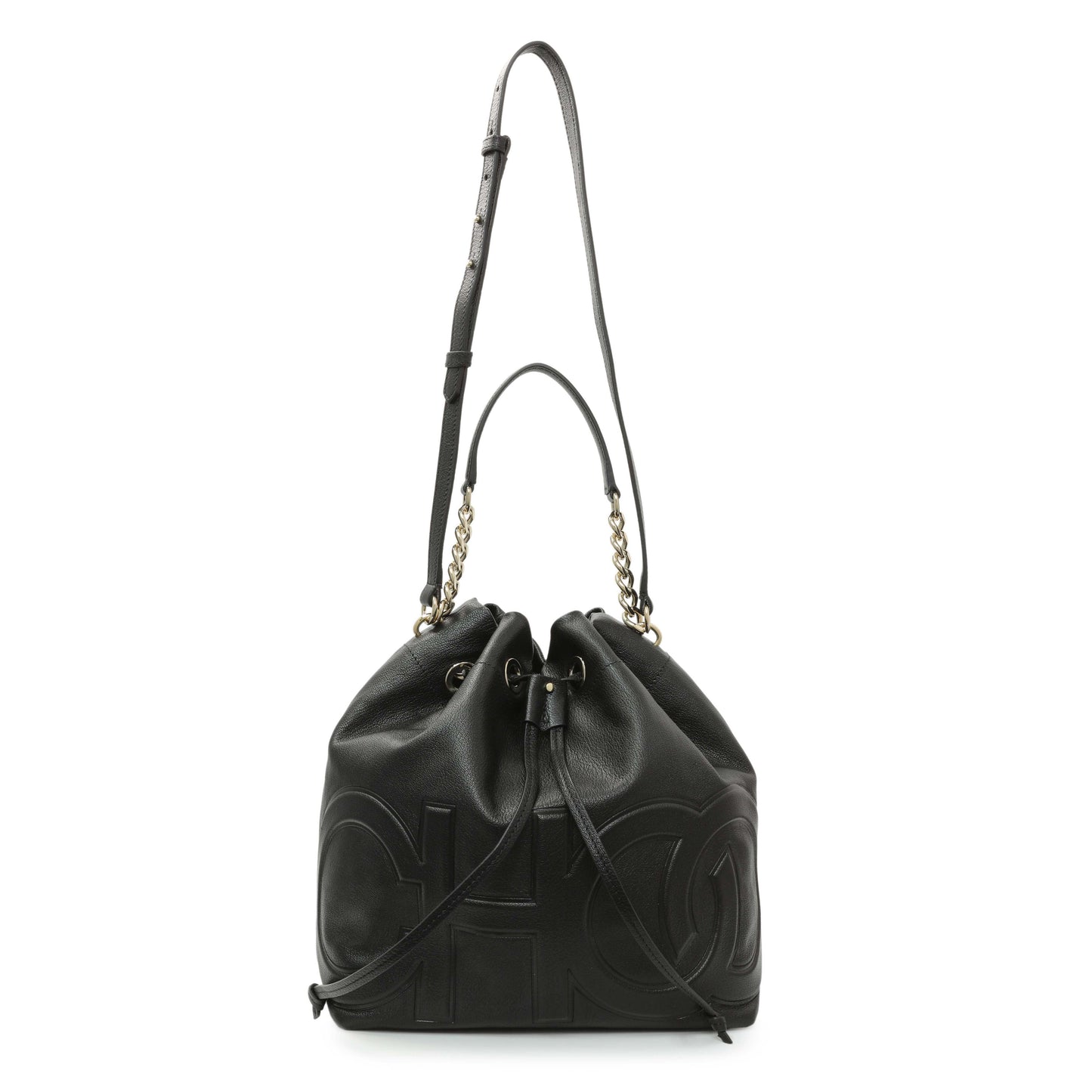 Exclusive Jimmy Choo Black Nappa Leather Juno Solid Drawstring Bucket Bag — Front View