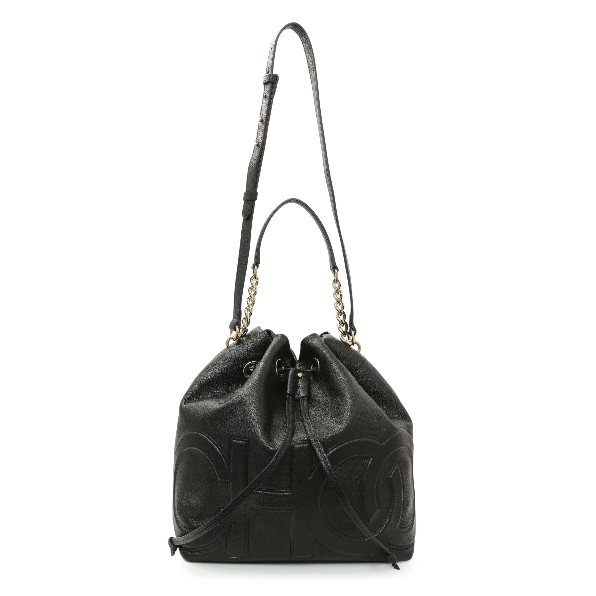 Exclusive Jimmy Choo Black Nappa Leather Juno Solid Drawstring Bucket Bag — Front View