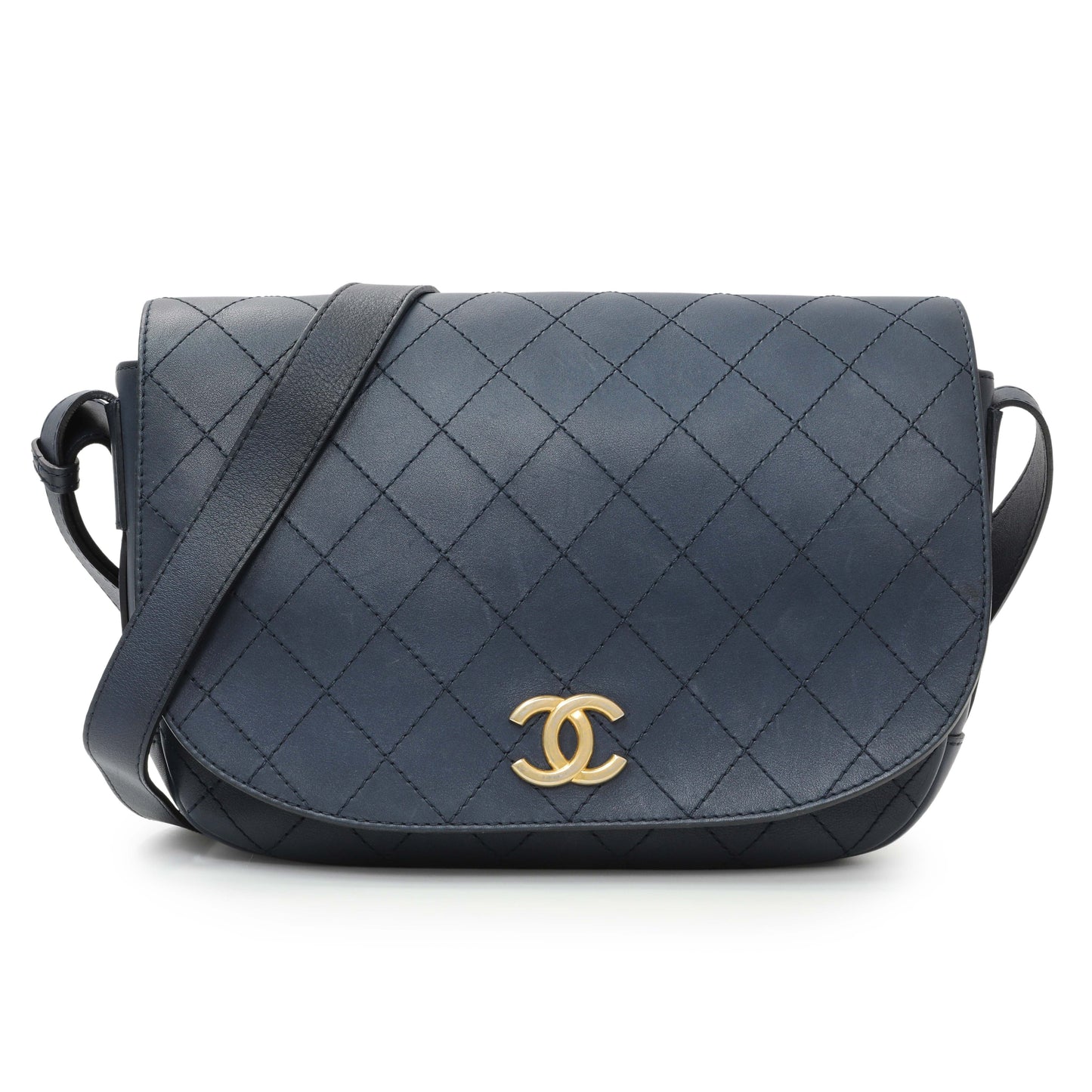 Exclusive Chanel Blue Calfskin Stitched Messenger Flap Bag — Front View