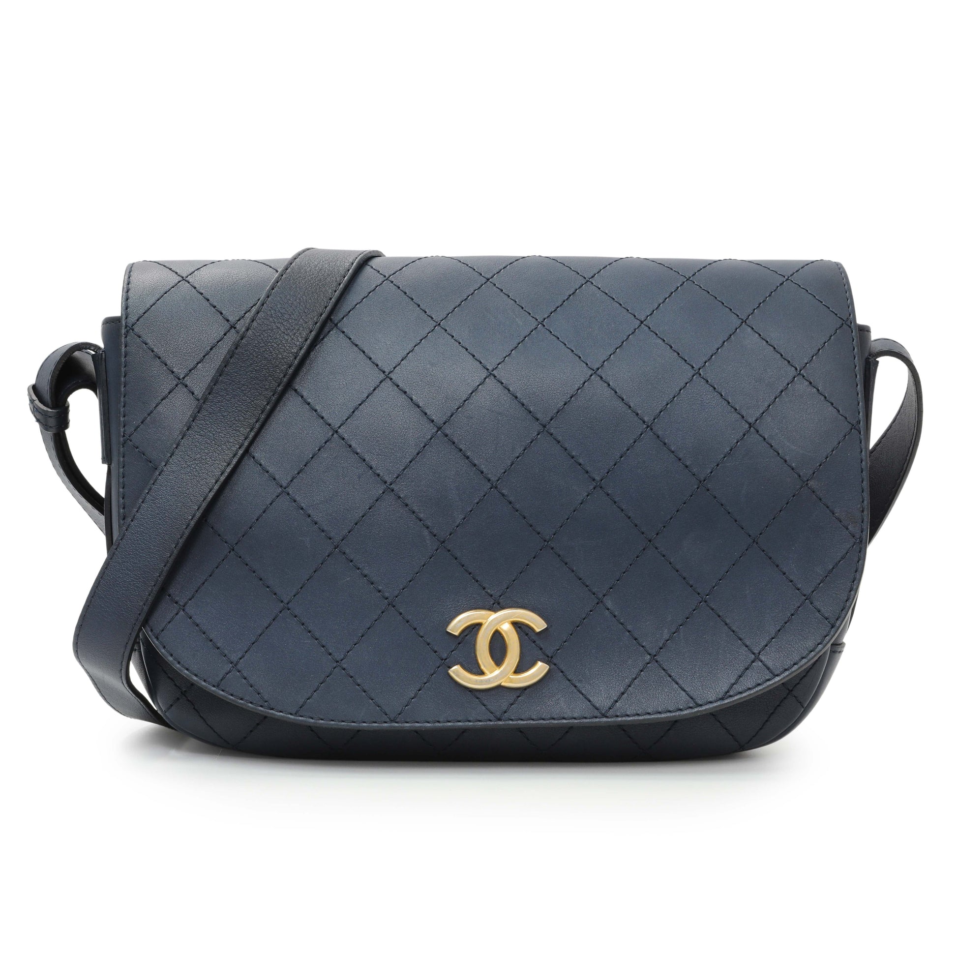 Exclusive Chanel Blue Calfskin Stitched Messenger Flap Bag — Front View