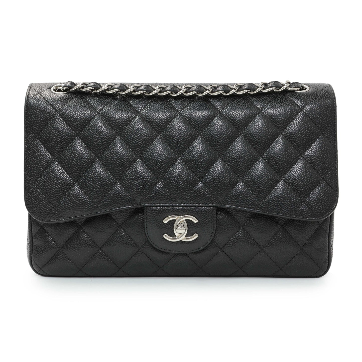Exclusive Chanel Black Quilted Caviar Jumbo Double Flap — Front View
