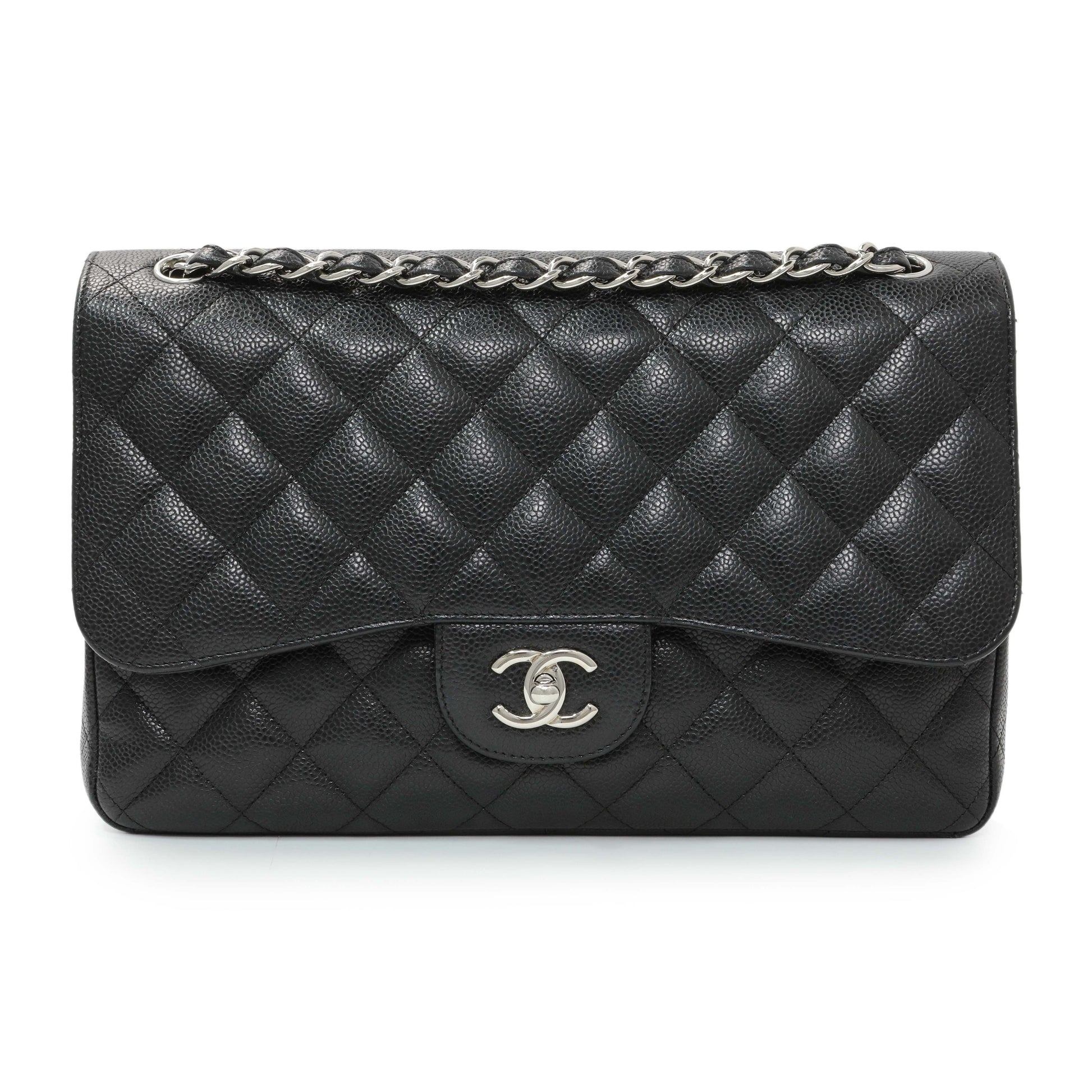 Exclusive Chanel Black Quilted Caviar Jumbo Double Flap — Front View