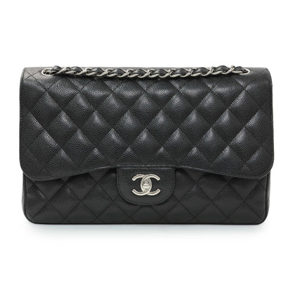 Exclusive Chanel Black Quilted Caviar Jumbo Double Flap — Front View