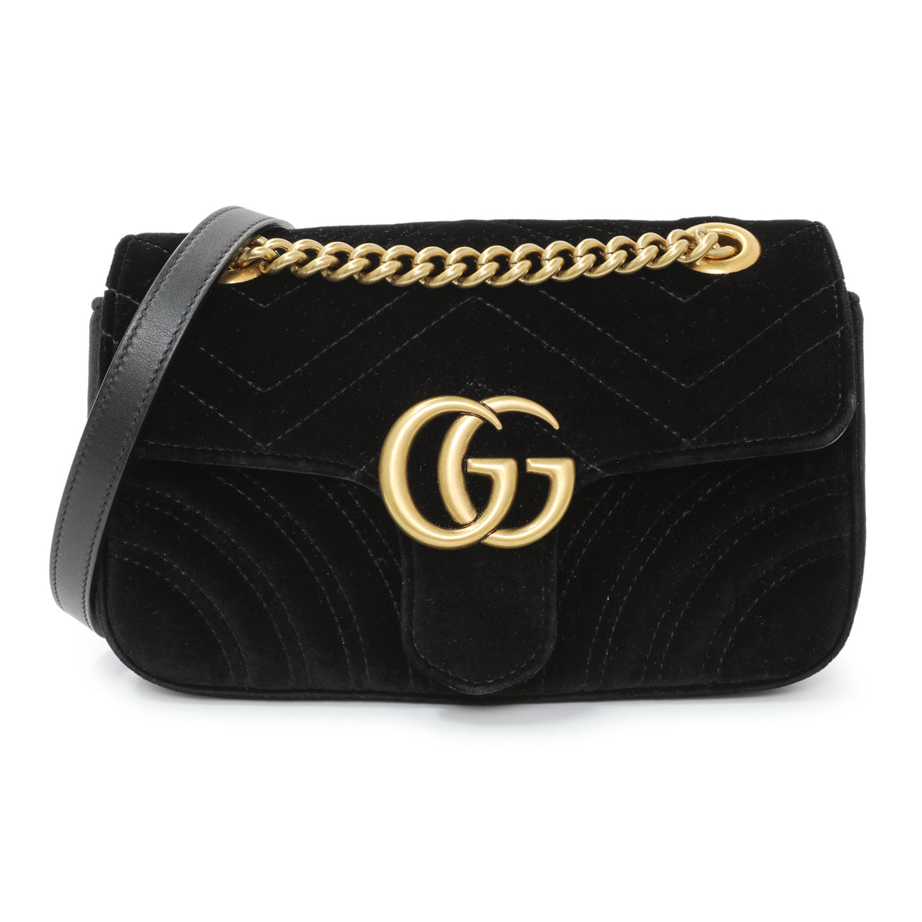Exclusive Gucci Black Velvet Matelasse Mini GG Marmont Shoulder Bag — Front View