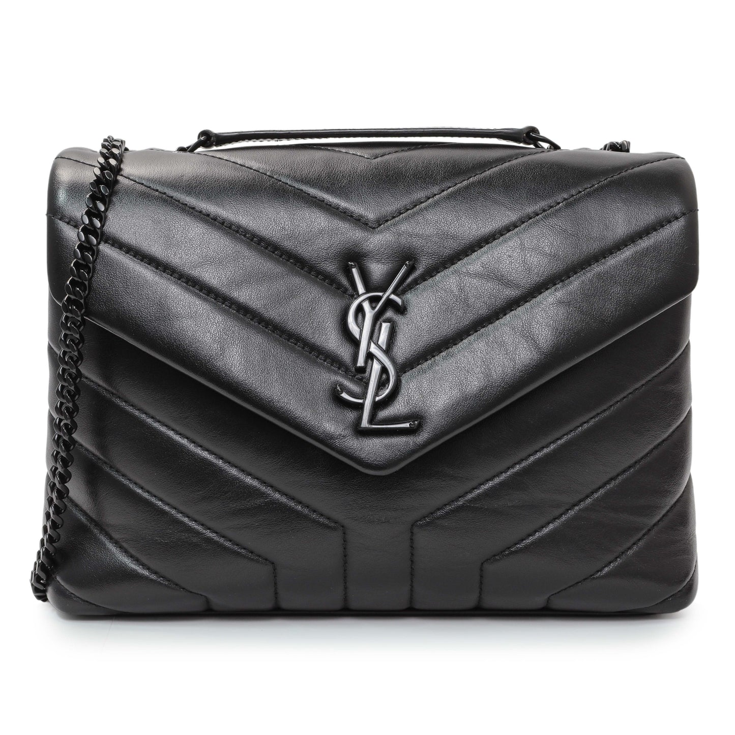 Exclusive Saint Laurent Black Calfskin Y Quilted Monogram Small Loulou Chain Satchel — Front View