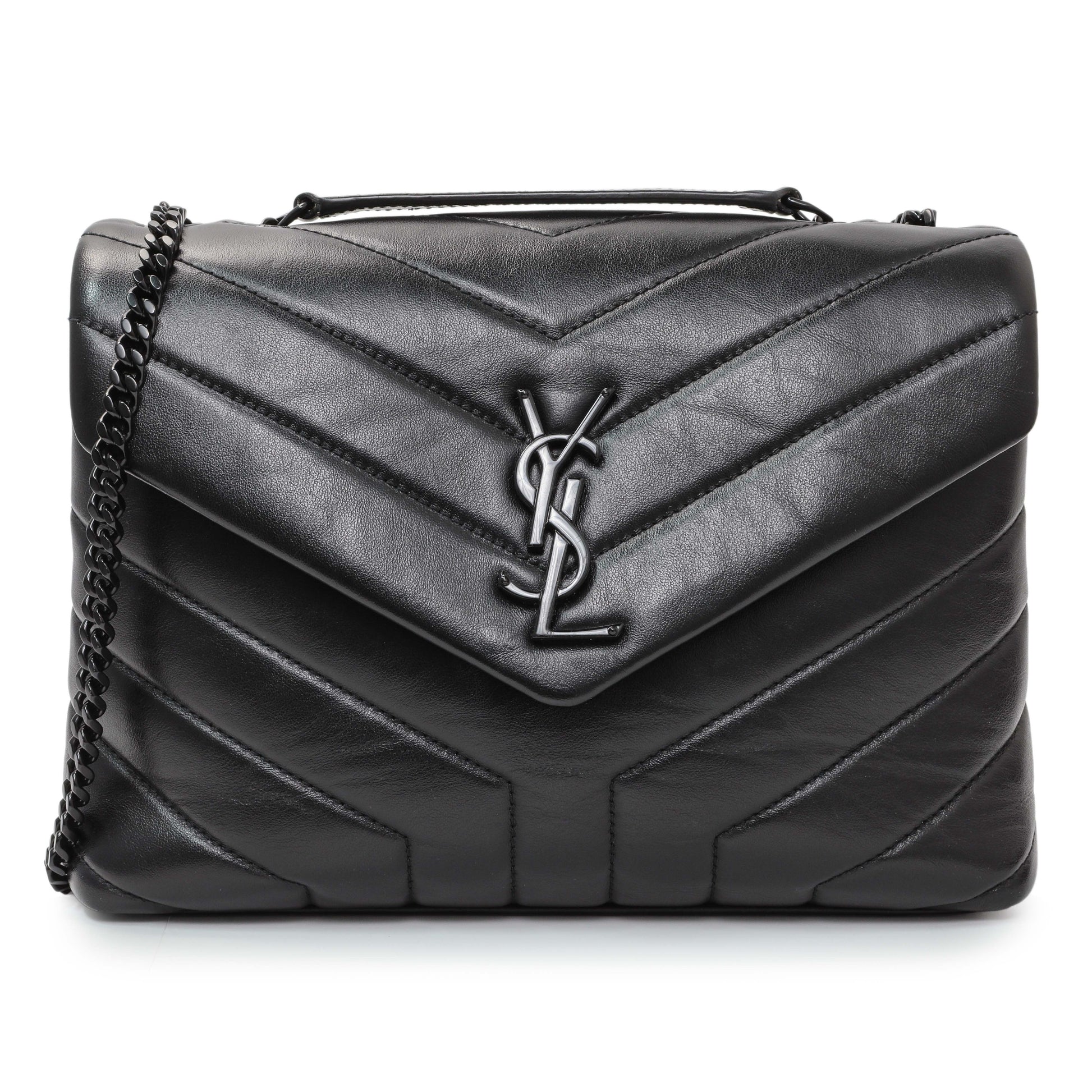 Exclusive Saint Laurent Black Calfskin Y Quilted Monogram Small Loulou Chain Satchel — Front View