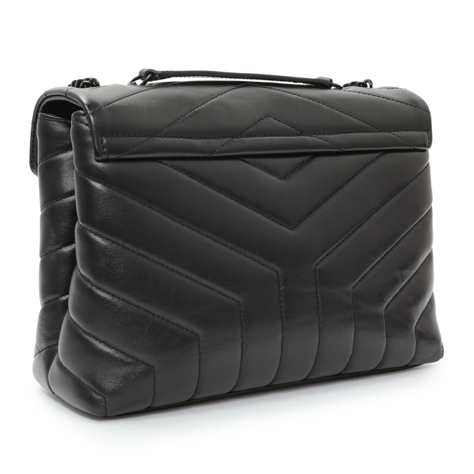 Exclusive Saint Laurent Black Calfskin Y Quilted Monogram Small Loulou Chain Satchel — Side View