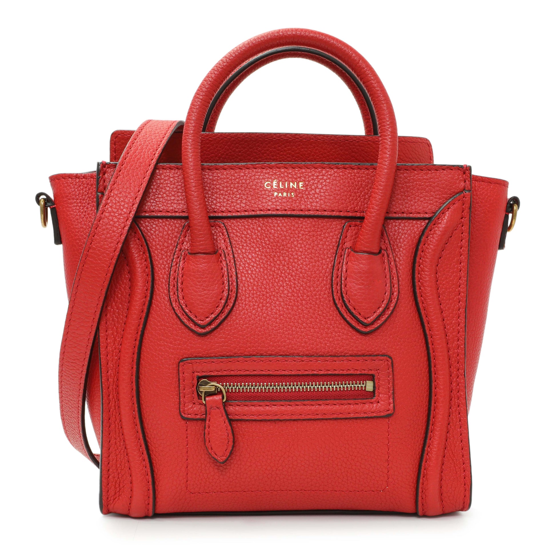 Exclusive Celine Red Drummed Calfskin Nano Luggage — Front View