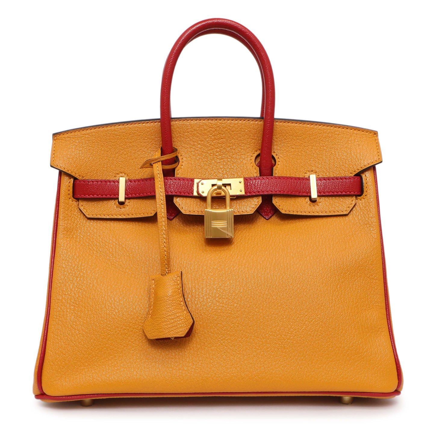 Exclusive Hermes Jaune D'or Rouge Chevre Birkin 25 — Front View