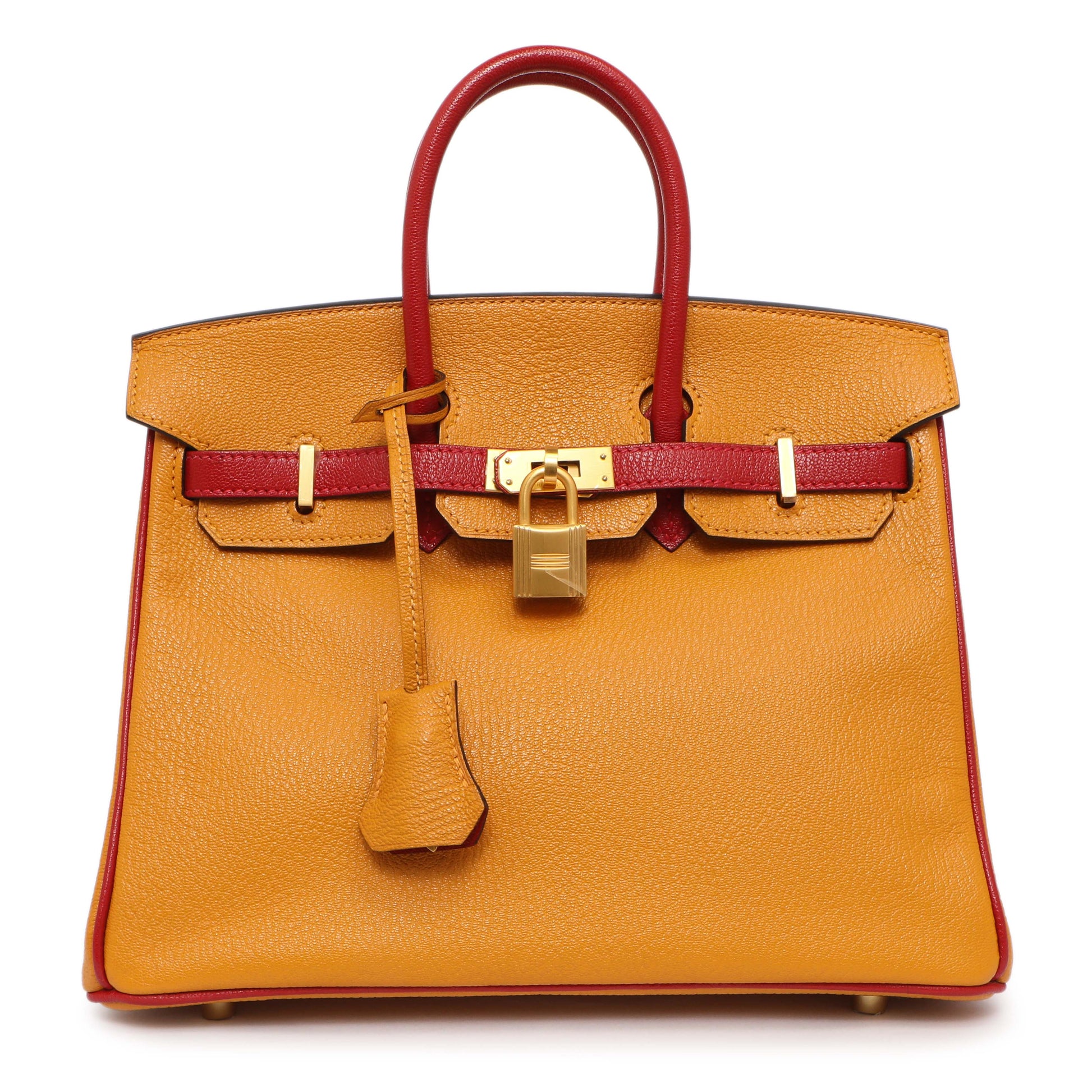Exclusive Hermes Jaune D'or Rouge Chevre Birkin 25 — Front View
