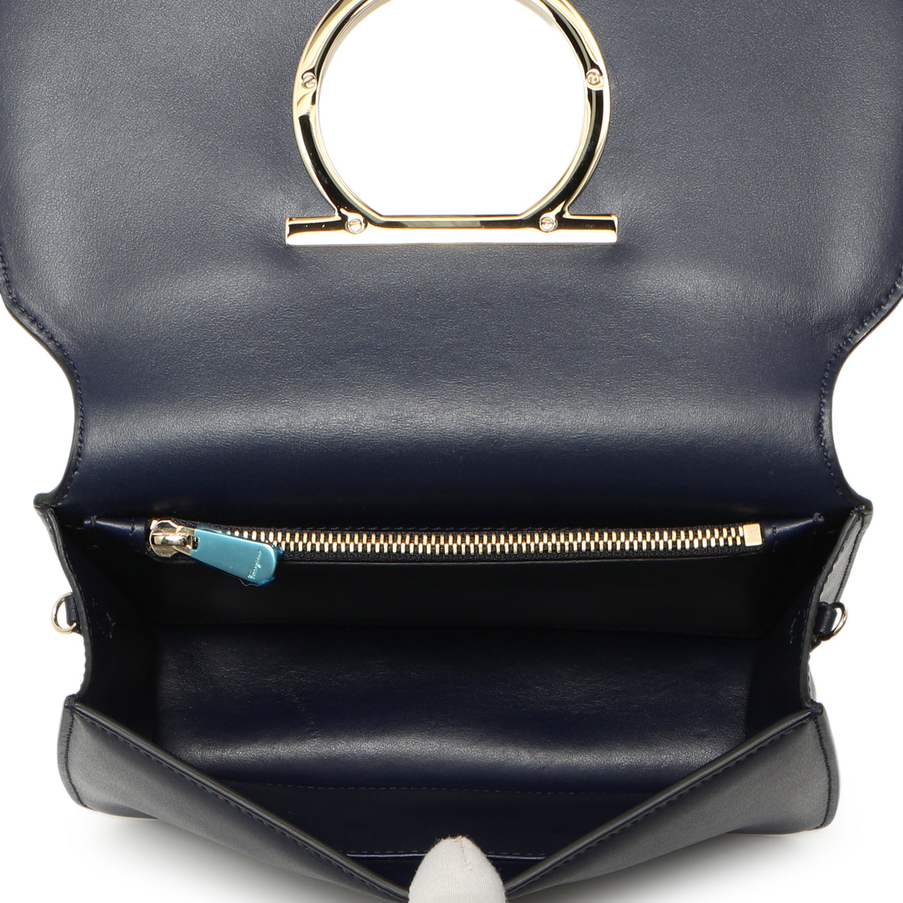 Exclusive Salvatore Ferragamo Navy Calfskin Vela Crossbody Bag — Top View
