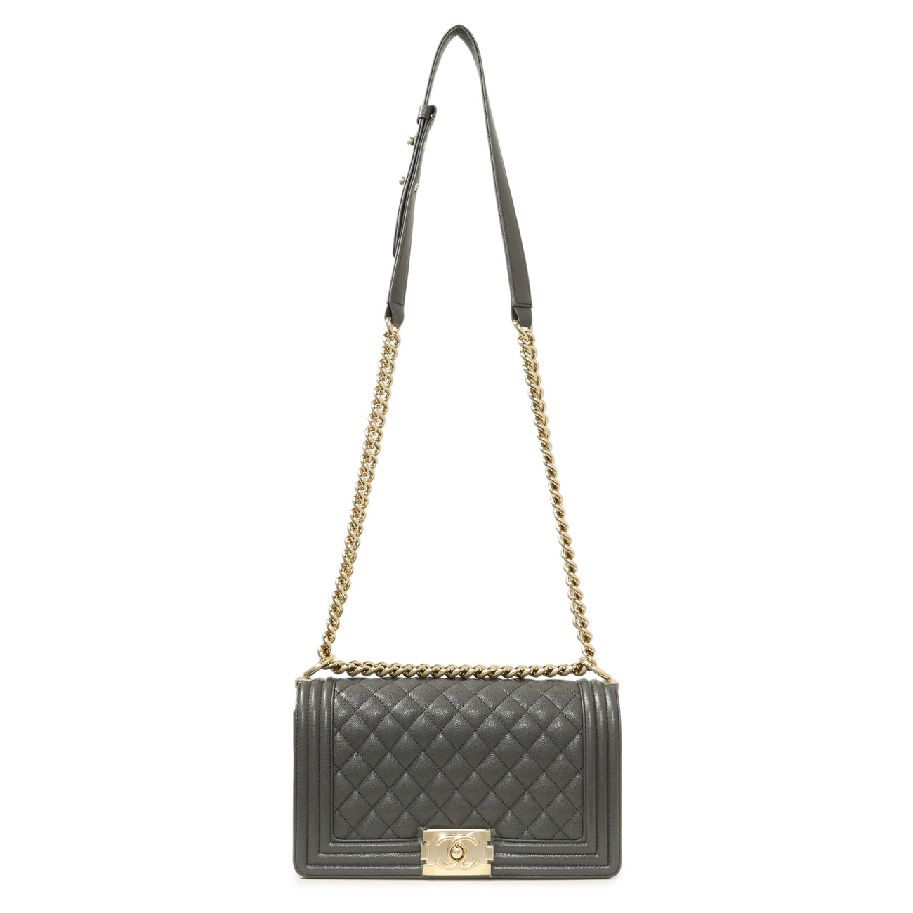 Exclusive Chanel Dark Grey Quilted Caviar Medium Boy Bag — Front View