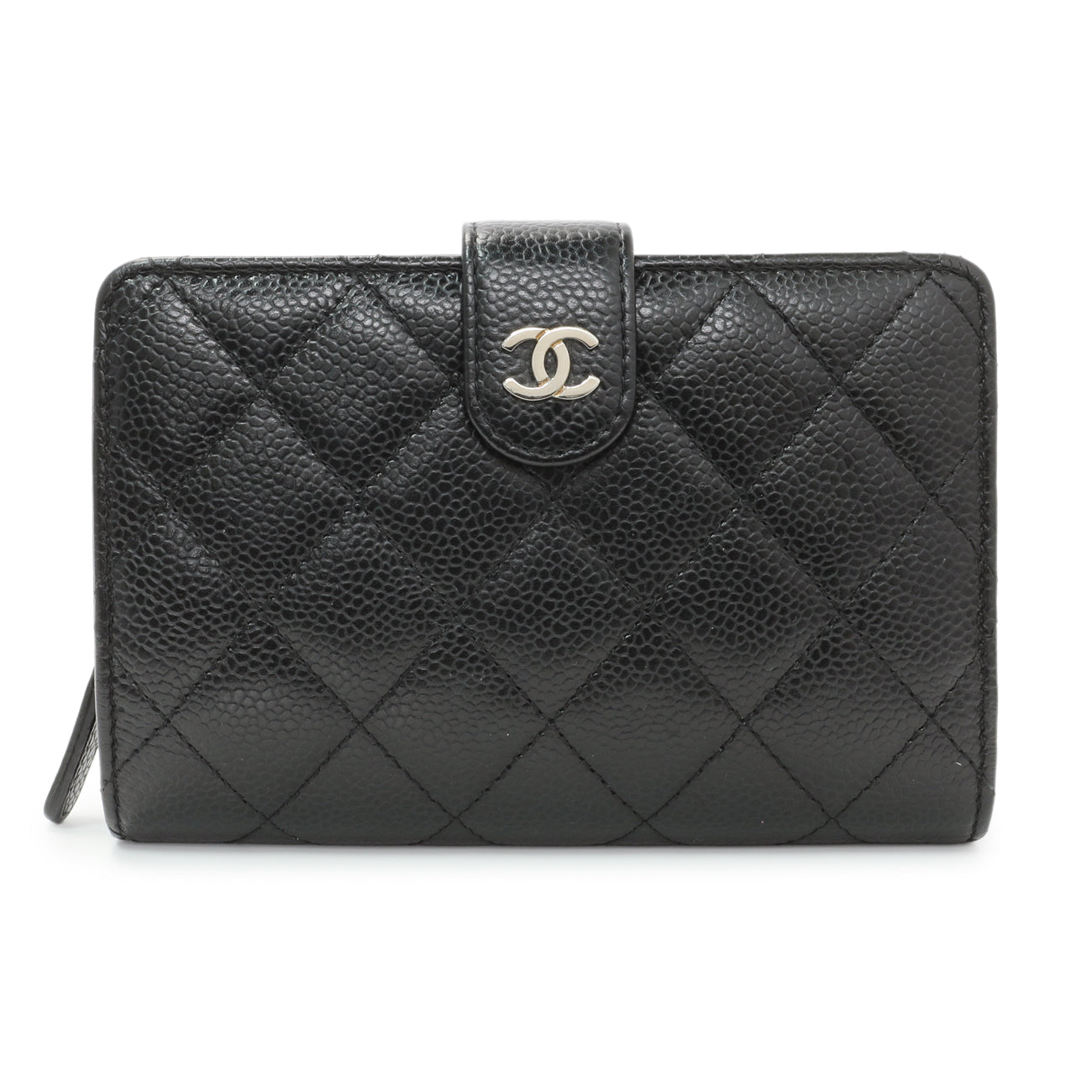Exclusive Chanel Black Caviar Quilted CC French Wallet — Front View