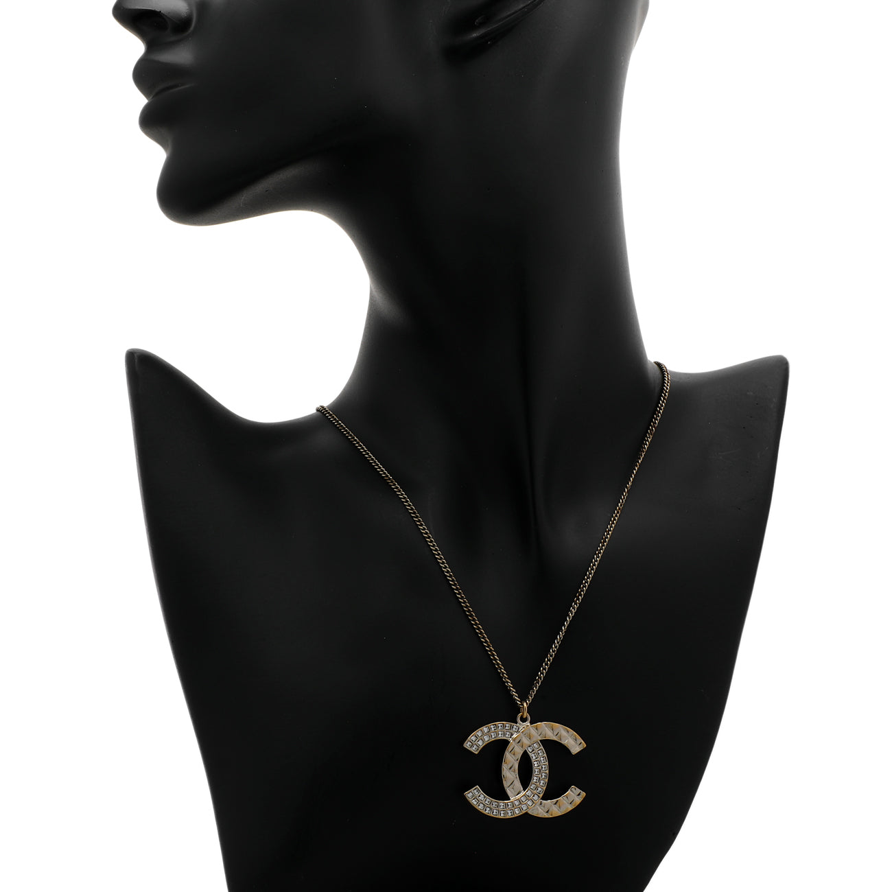Exclusive Chanel Gold Silver Aged Hardware Crystal CC Pendant Necklace — Top View