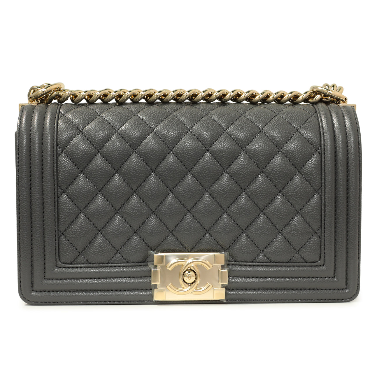 Exclusive Chanel Dark Grey Quilted Caviar Medium Boy Bag — Side View