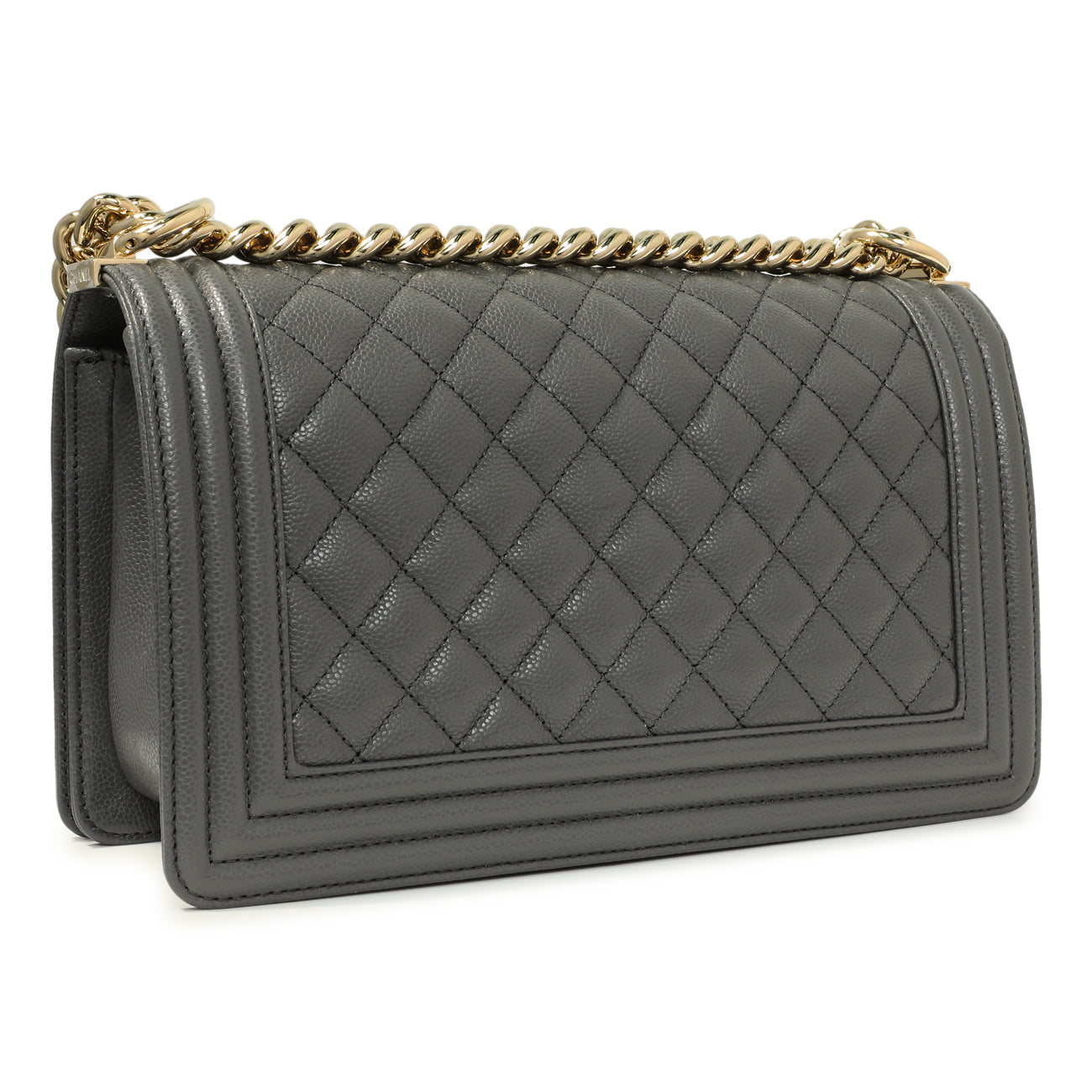 Exclusive Chanel Dark Grey Quilted Caviar Medium Boy Bag — Back View