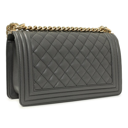 Exclusive Chanel Dark Grey Quilted Caviar Medium Boy Bag — Back View