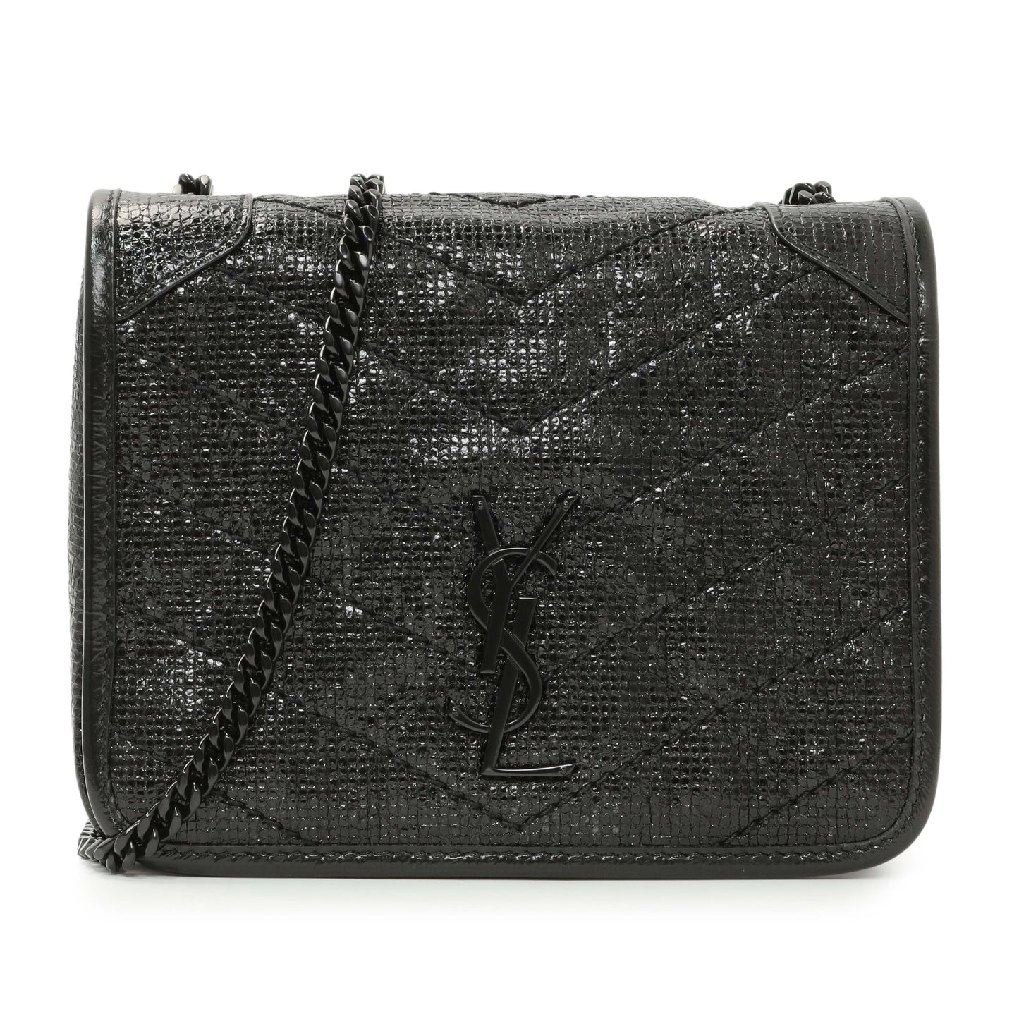 Exclusive Saint Laurent Black Metallic Cracked Calfskin Monogram Niki Chain Wallet — Front View
