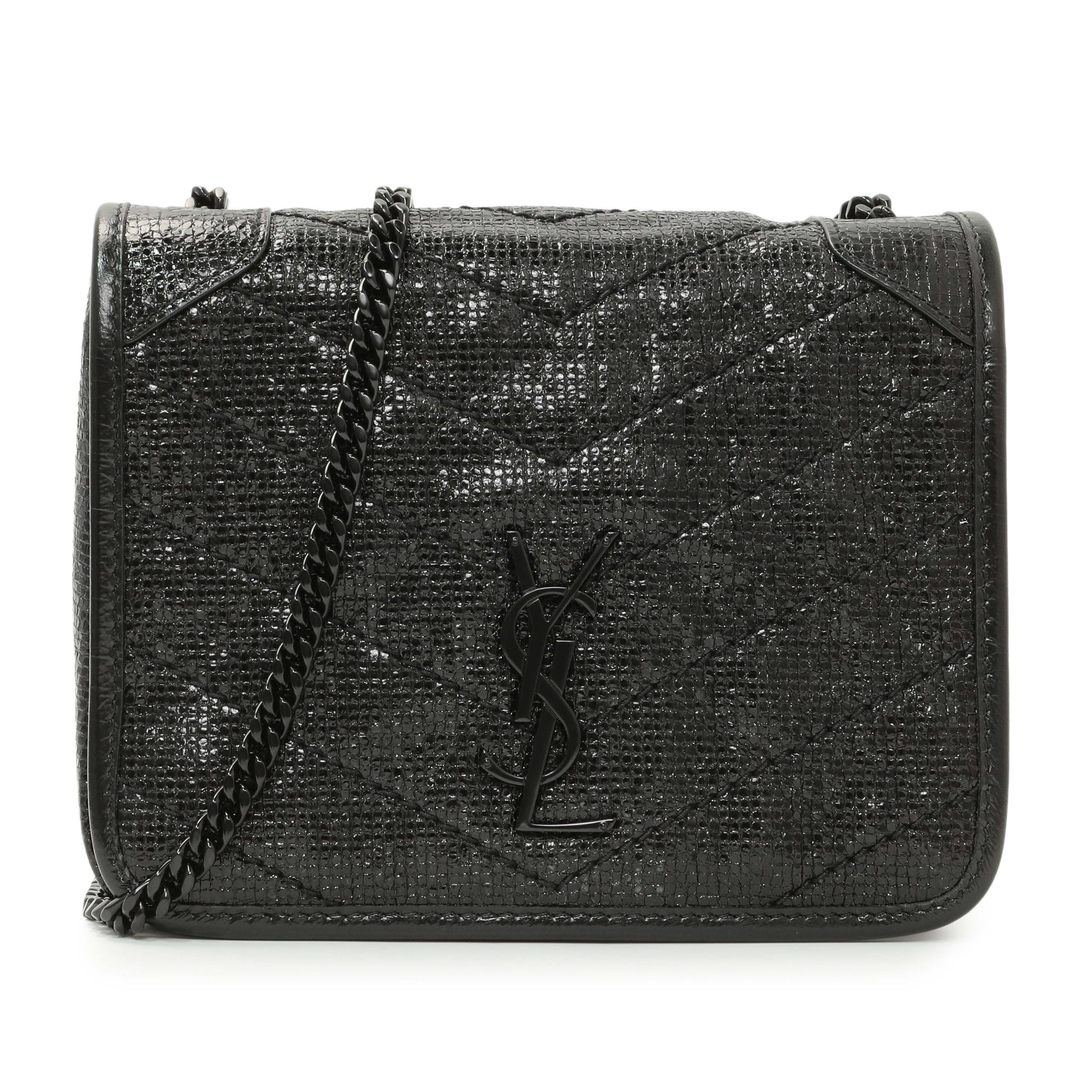 Exclusive Saint Laurent Black Metallic Cracked Calfskin Monogram Niki Chain Wallet — Front View