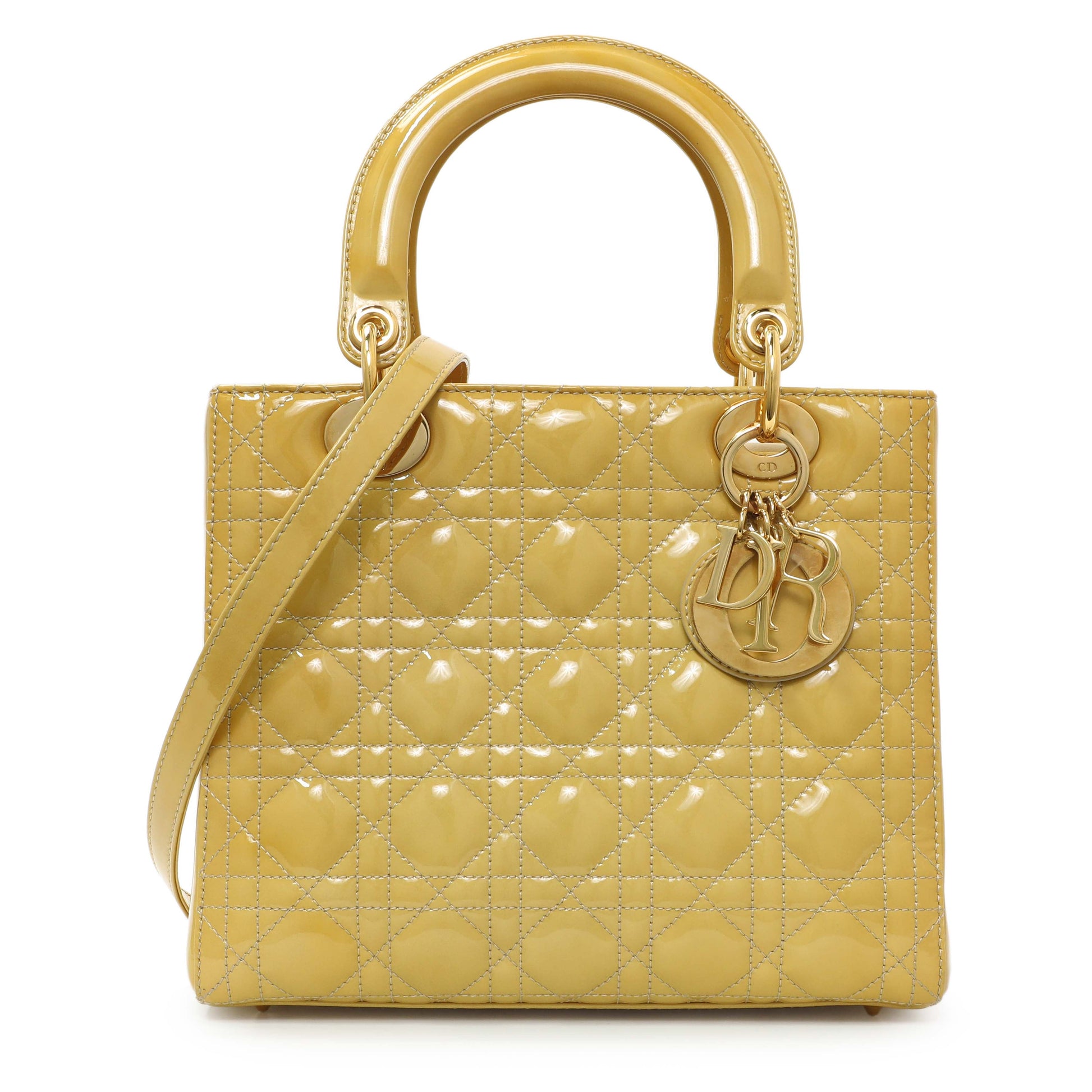 Exclusive Christian Dior Beige Patent Cannage Medium Lady Dior — Front View