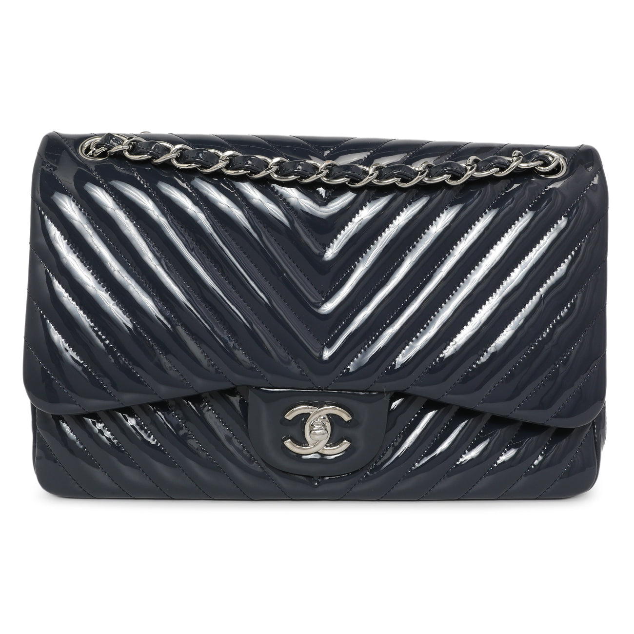 Exclusive Chanel Blue Chevron Quilted Patent Jumbo Classic Double Flap — Front View