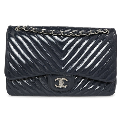 Exclusive Chanel Blue Chevron Quilted Patent Jumbo Classic Double Flap — Front View