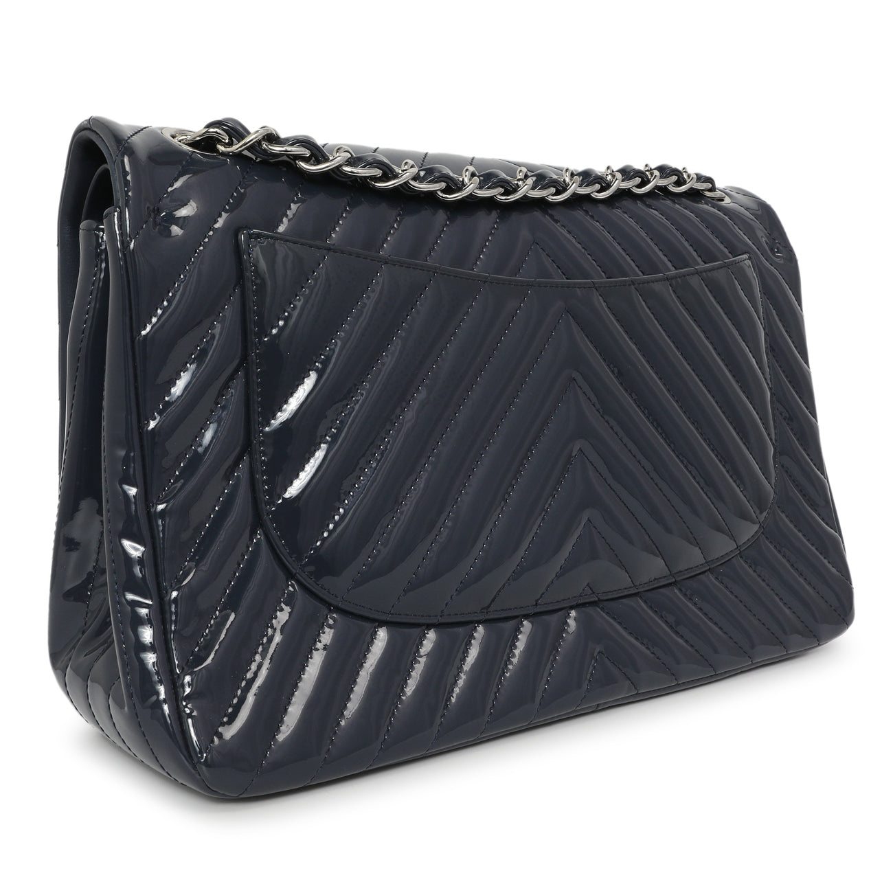 Exclusive Chanel Blue Chevron Quilted Patent Jumbo Classic Double Flap — Side View