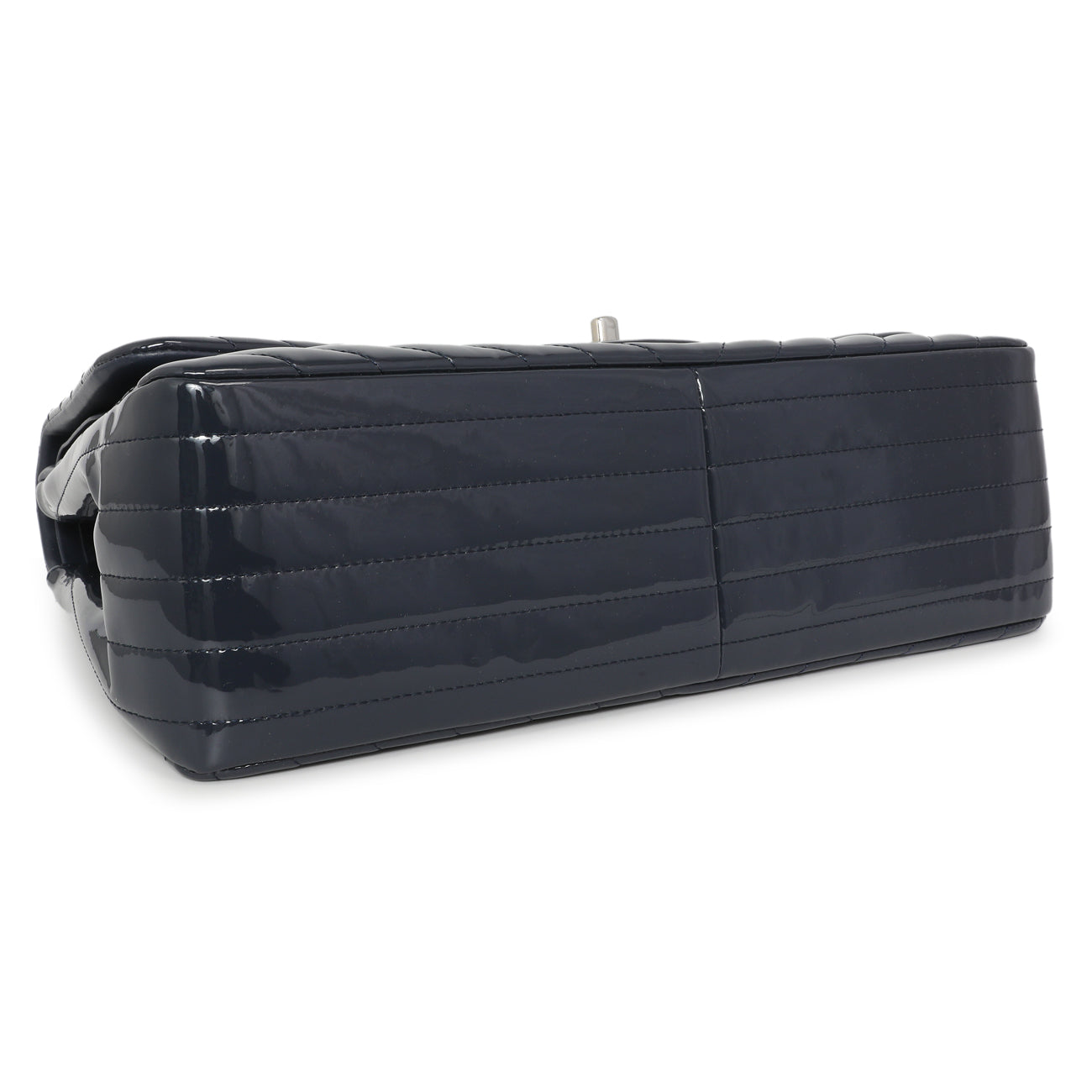 Exclusive Chanel Blue Chevron Quilted Patent Jumbo Classic Double Flap — Back View