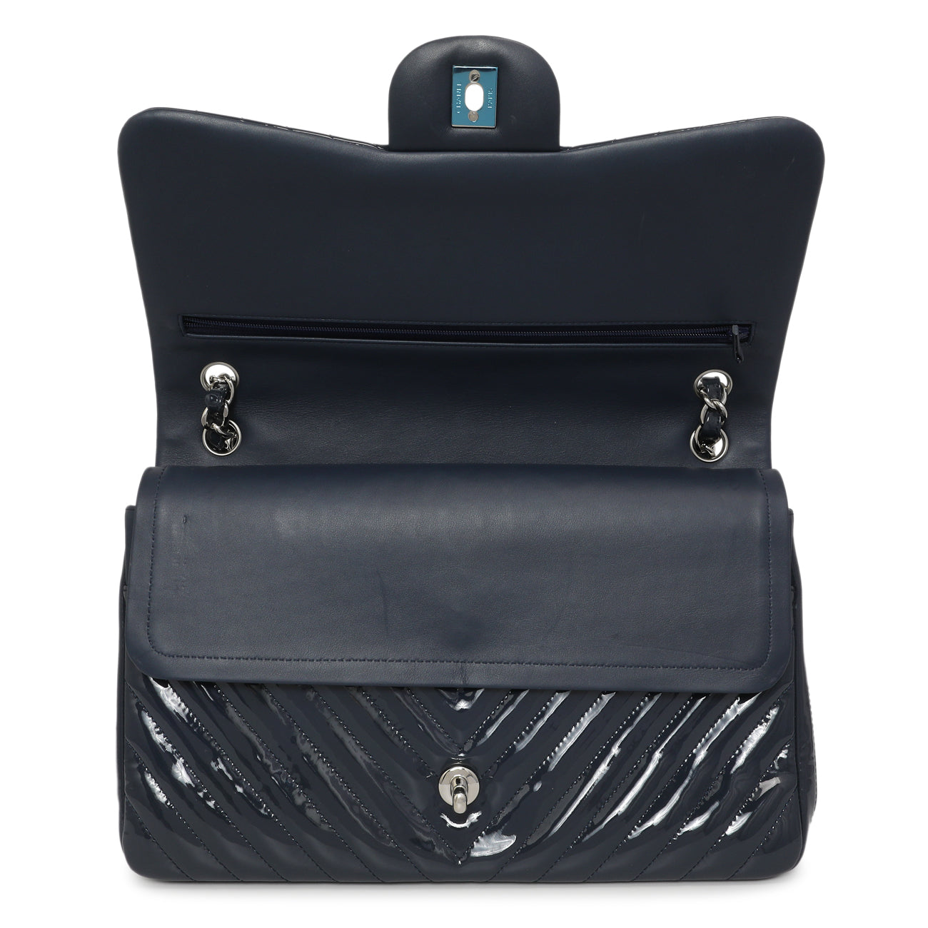 Exclusive Chanel Blue Chevron Quilted Patent Jumbo Classic Double Flap — Top View