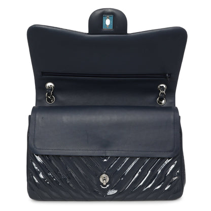 Exclusive Chanel Blue Chevron Quilted Patent Jumbo Classic Double Flap — Top View