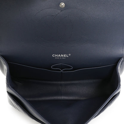 Exclusive Chanel Blue Chevron Quilted Patent Jumbo Classic Double Flap — Detail View