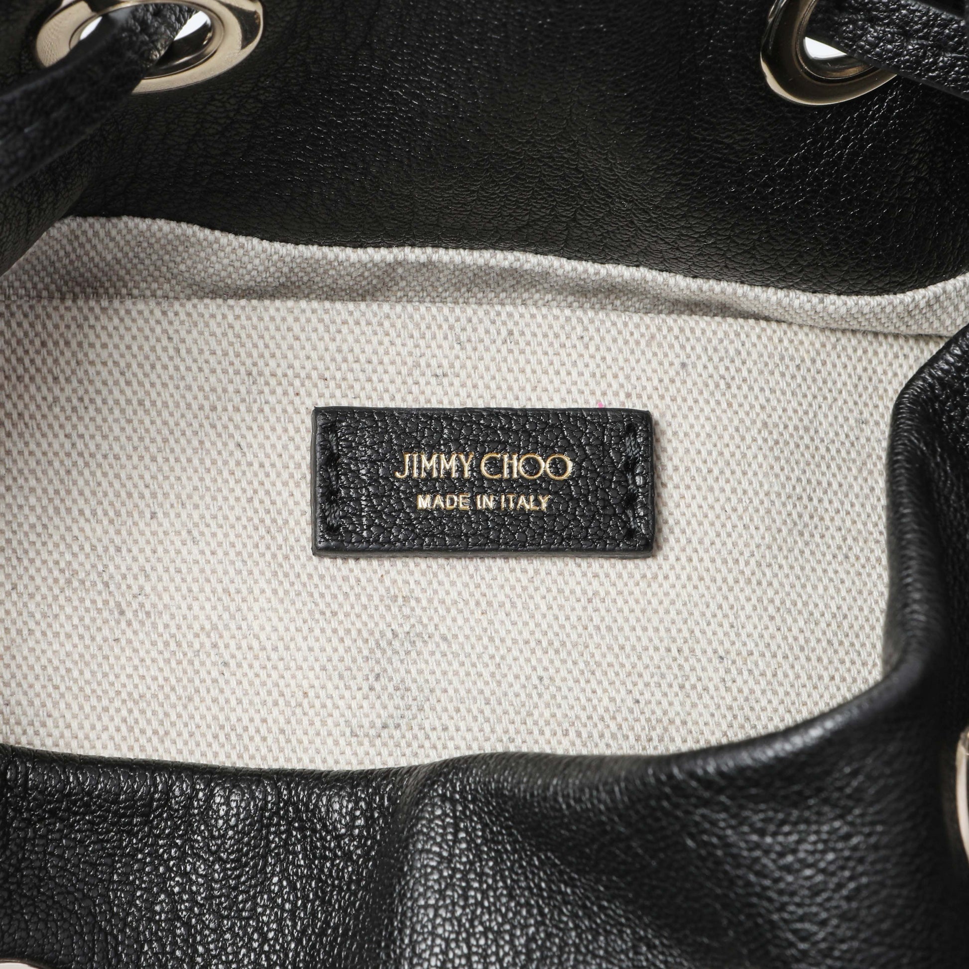 Exclusive Jimmy Choo Black Nappa Leather Juno Solid Drawstring Bucket Bag — Detail View
