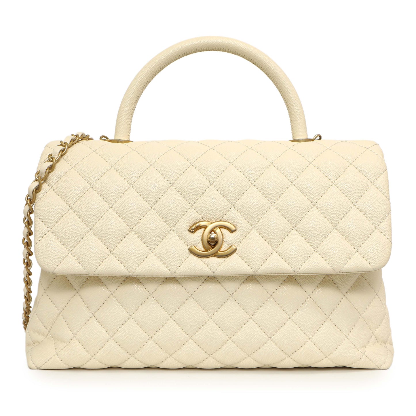 Exclusive Chanel White Quilted Caviar Medium Coco Handle — Front View
