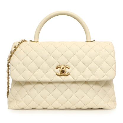 Exclusive Chanel White Quilted Caviar Medium Coco Handle — Front View