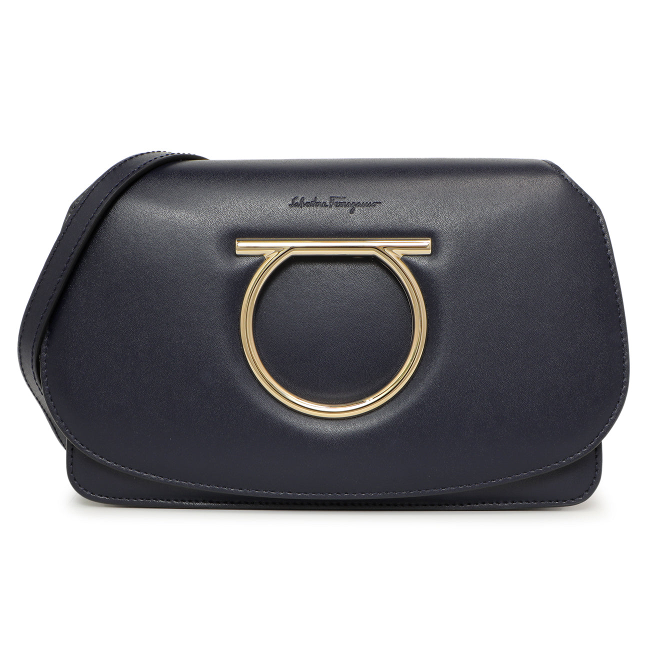 Exclusive Salvatore Ferragamo Navy Calfskin Vela Crossbody Bag — Front View