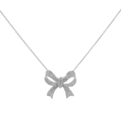 Exclusive 18K White Gold 1.15 Carat Diamond Bow Pendant Necklace — Front View