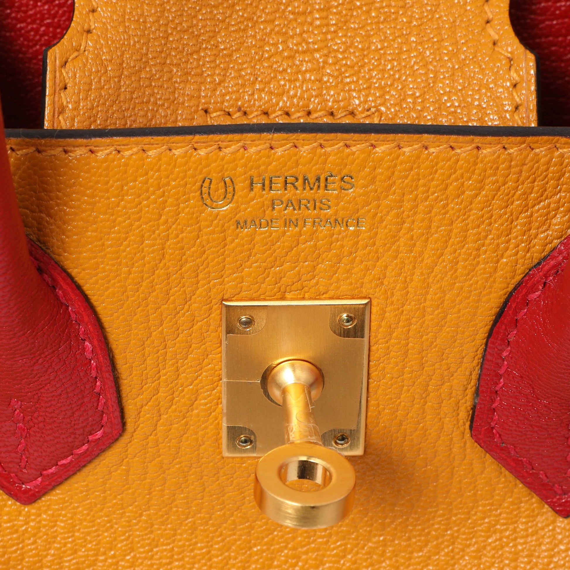 Exclusive Hermes Jaune D'or Rouge Chevre Birkin 25 — Detail View