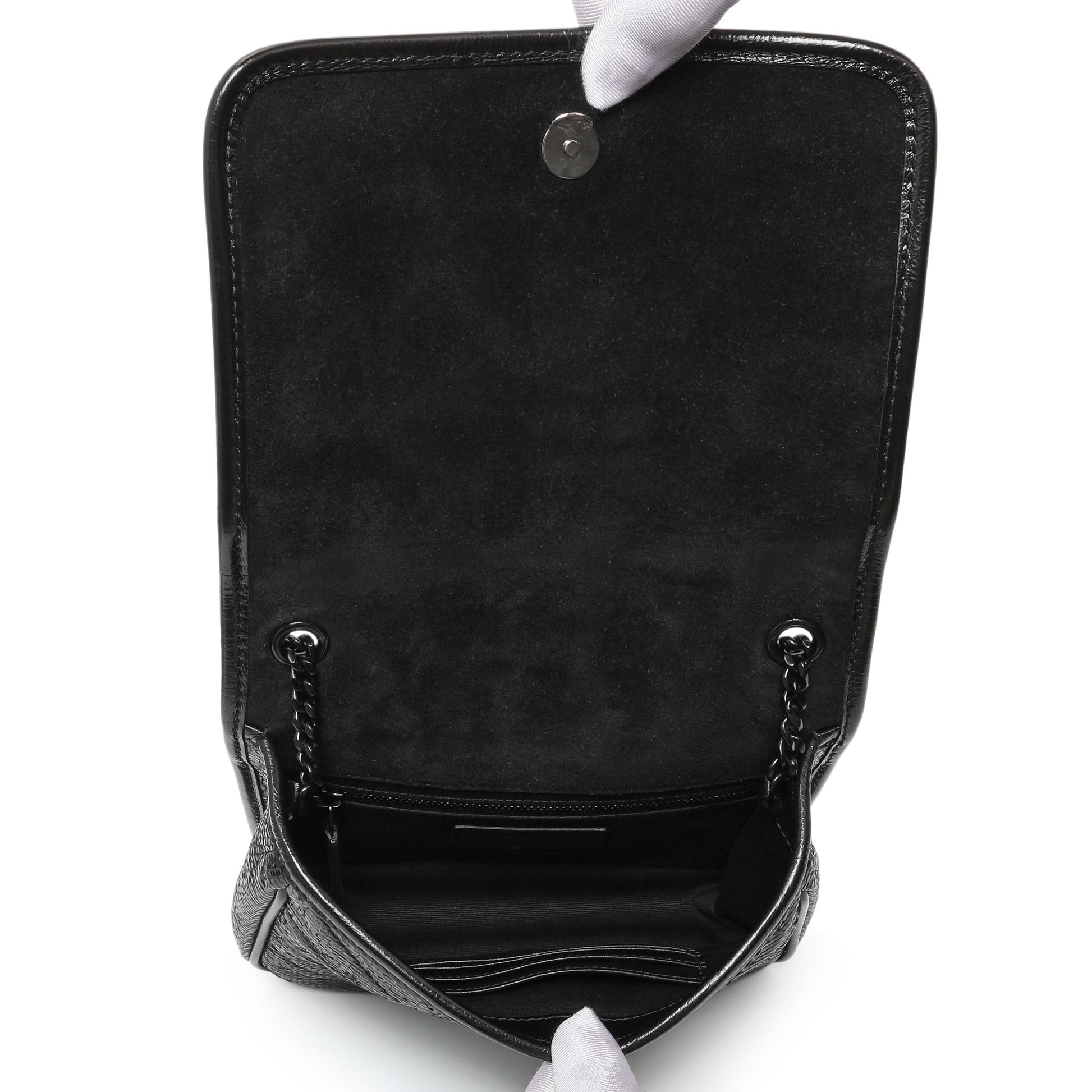 Exclusive Saint Laurent Black Metallic Cracked Calfskin Monogram Niki Chain Wallet — Top View