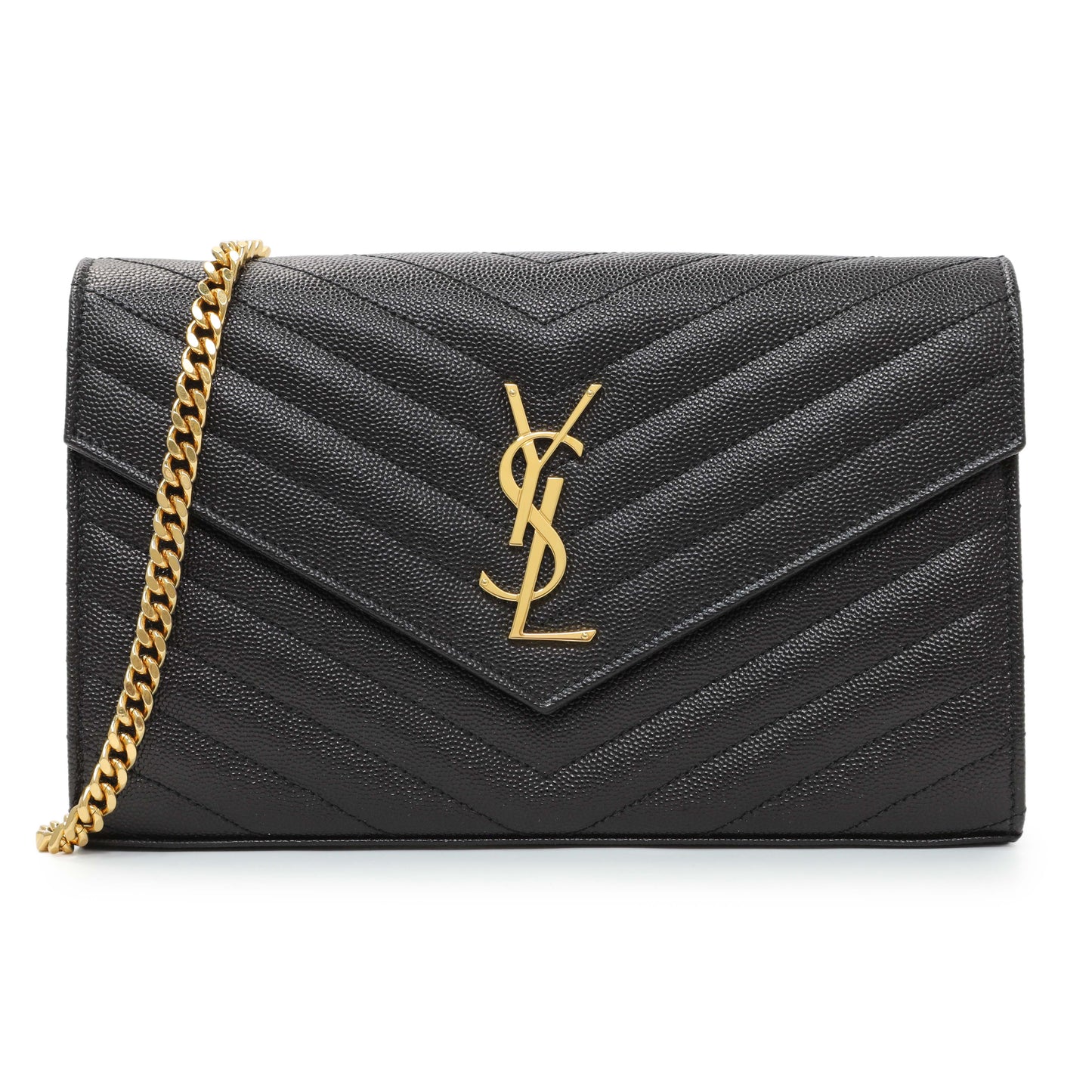 Exclusive Saint Laurent Black Grain De Poudre Matelasse Chevron Monogram Chain Wallet — Front View