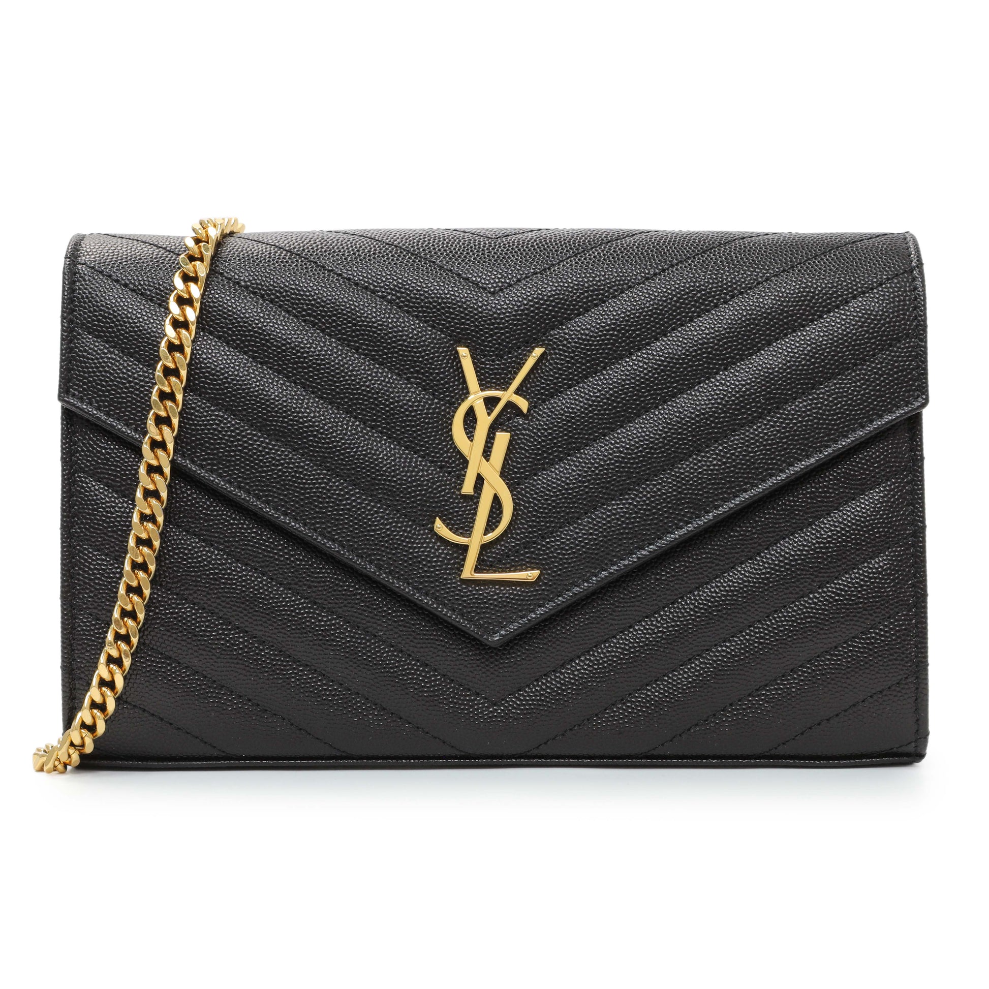 Exclusive Saint Laurent Black Grain De Poudre Matelasse Chevron Monogram Chain Wallet — Front View