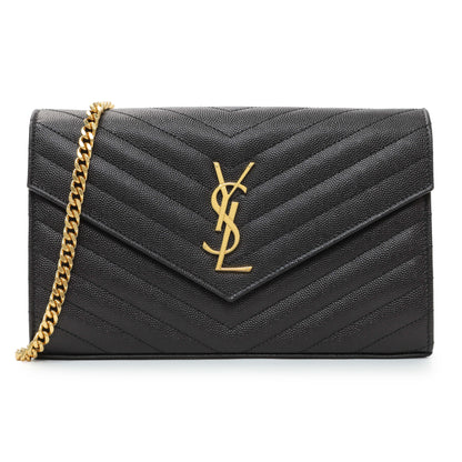 Exclusive Saint Laurent Black Grain De Poudre Matelasse Chevron Monogram Chain Wallet — Front View