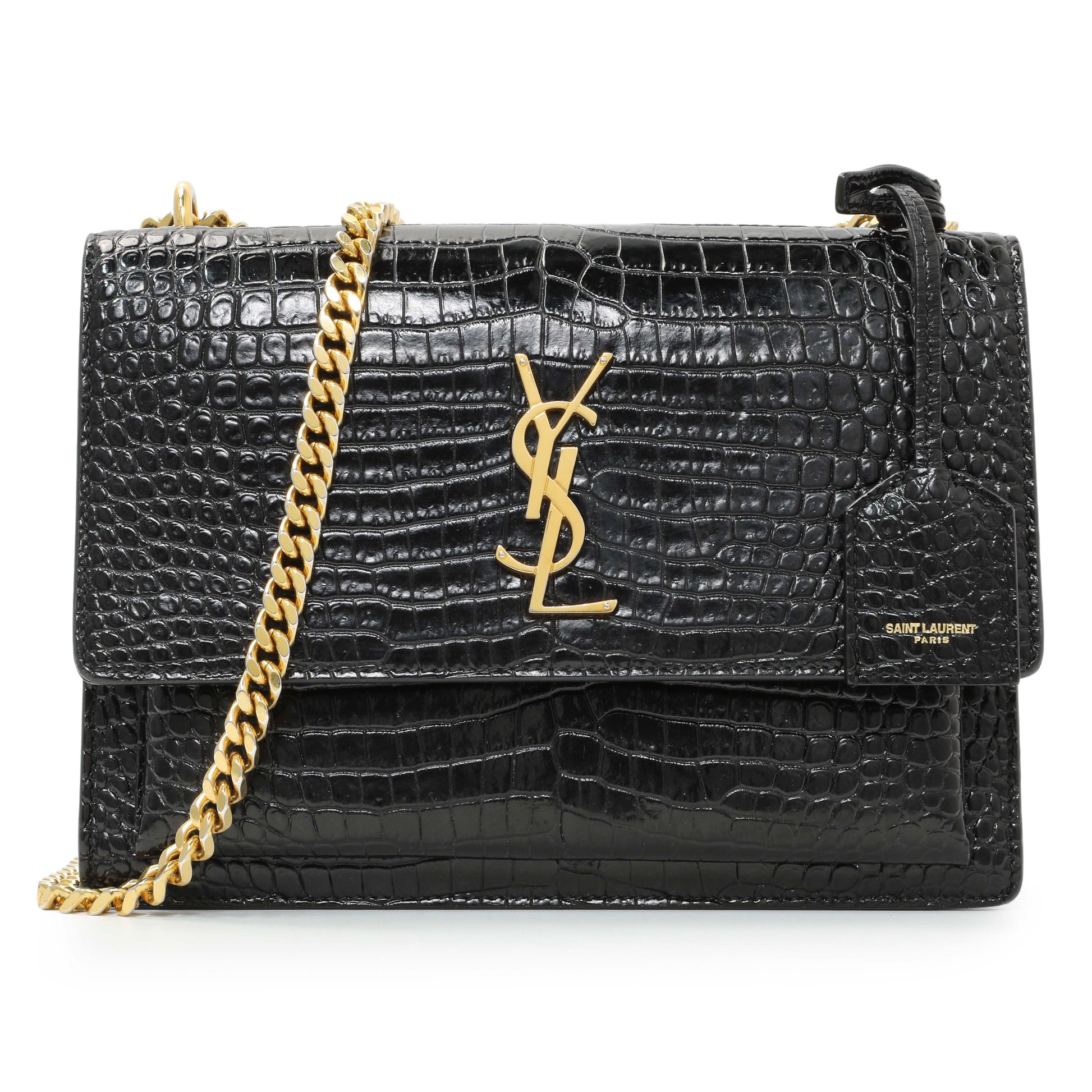 Exclusive Saint Laurent Black Crocodile Embossed Calfskin Medium Monogram Sunset — Front View