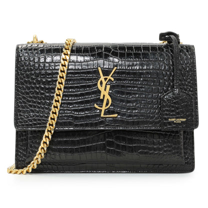 Exclusive Saint Laurent Black Crocodile Embossed Calfskin Medium Monogram Sunset — Front View